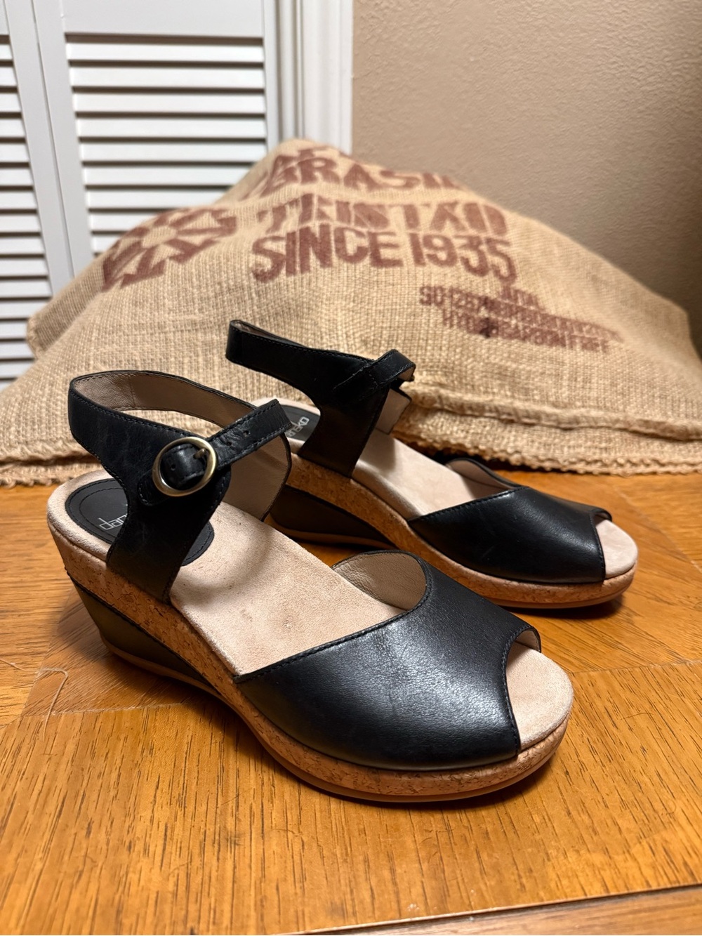Dansko Black Leather Cork Wedge Peep Toe Pumps 37